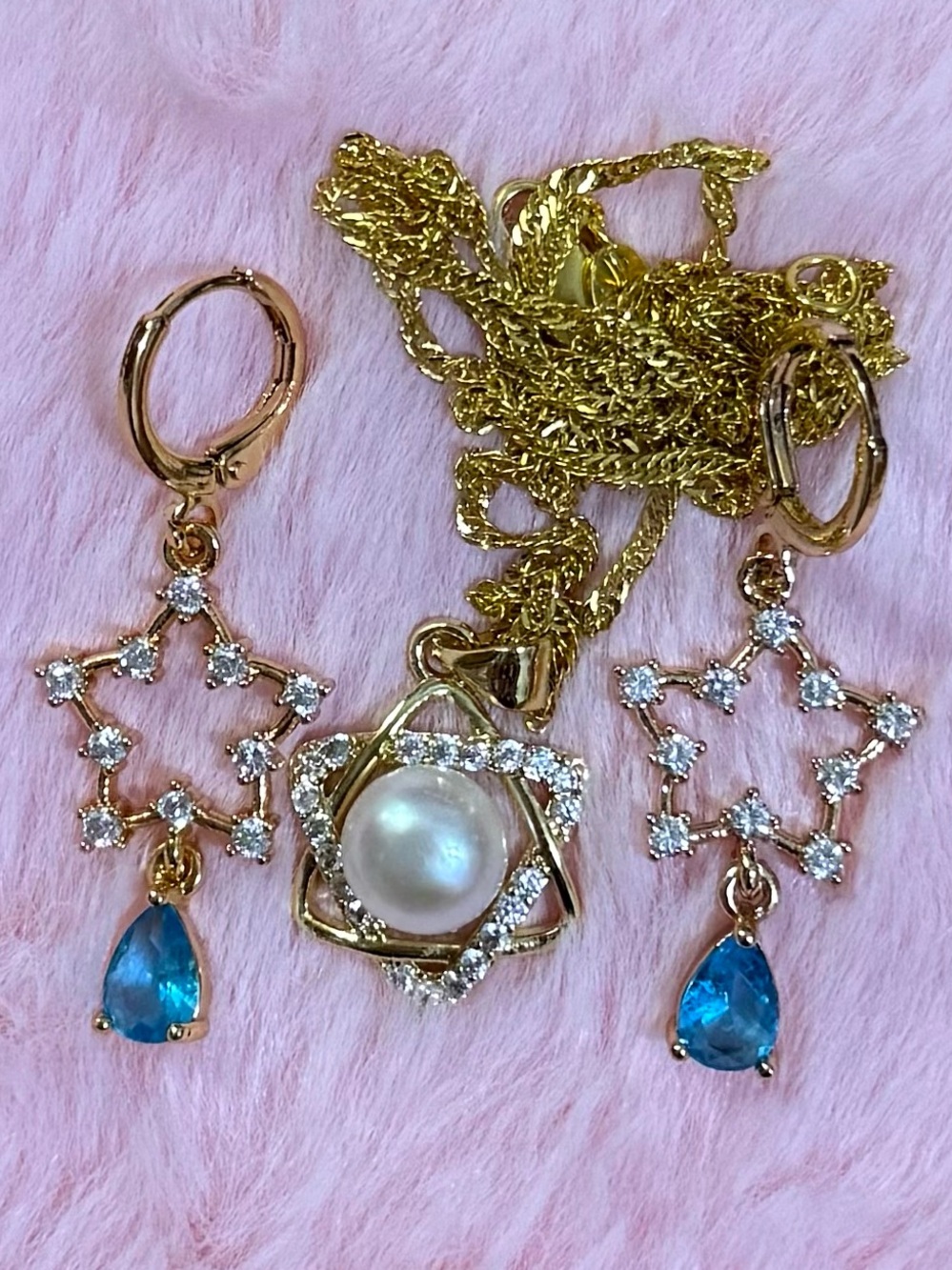 Natural White South Sea Pearl Star Of David Necklace 22” 18K Gold Filled Earring